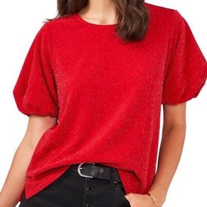 Vince Camuto Sparkly Red Knit Top Short Puffed Sleeve Metallic Vermillion Medium